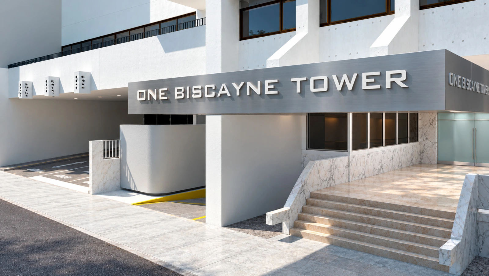 Canopy, signage and stone define the threshold