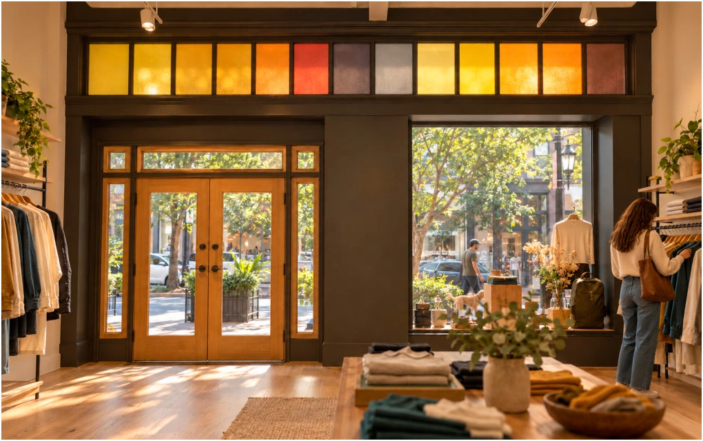 Storefront, timber doors & colored glazing