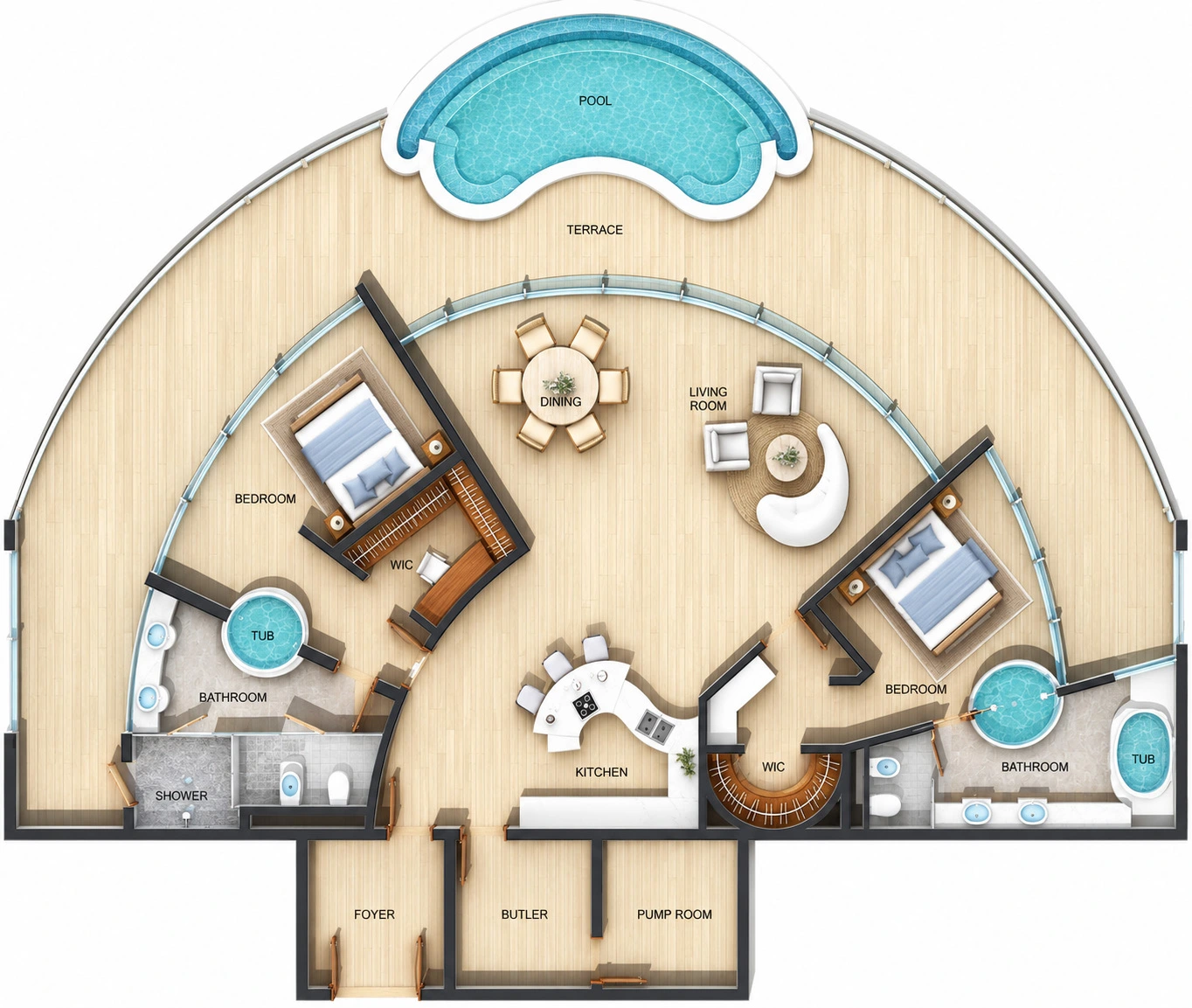 Curved two-bedroom suite