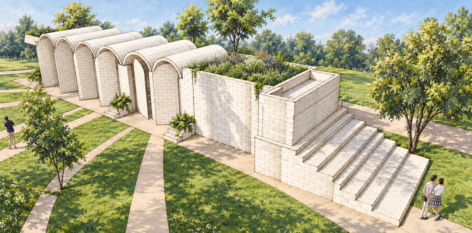 Stepped masonry, planting and repeated vaulted bays