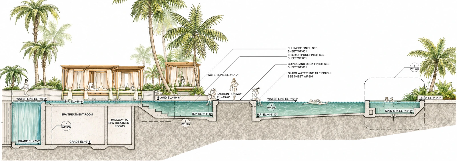 Island, runway and spa in section